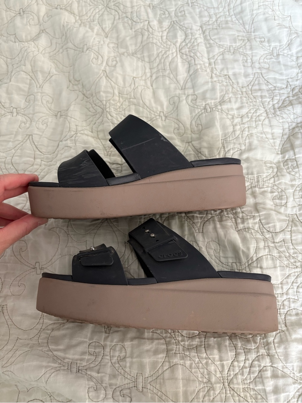 CROCS Navy Double-Strap Platform Sandal with Tan Sole - Picture 3 of 5